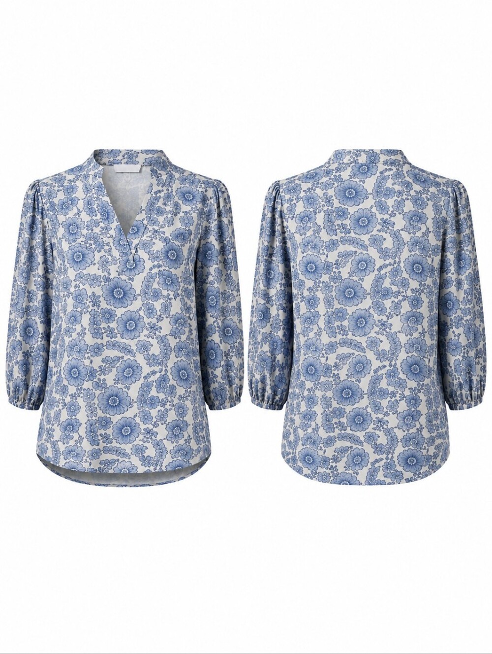 Smith & Quinn Eliza Top | Blue Floral V-Neck Blouse | 3/4 Sleeve | Large - Picture 3 of 7